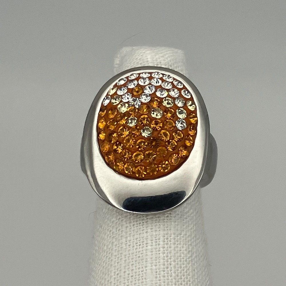 Unique Chic Ring Women 6 Orange Crystal Pave Statement Silver Tone Cocktail Glam